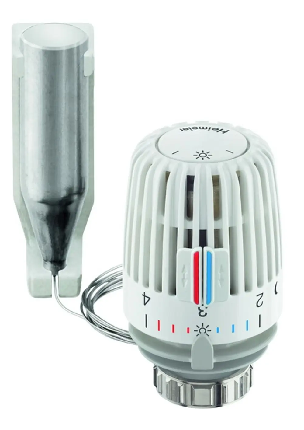 Thermostatkopf mit Fernfühler und Kapillarrohr, in weiß. Produkt von IMI Hydronic Engineering, zur Regelung der Heizkörpertemperatur.